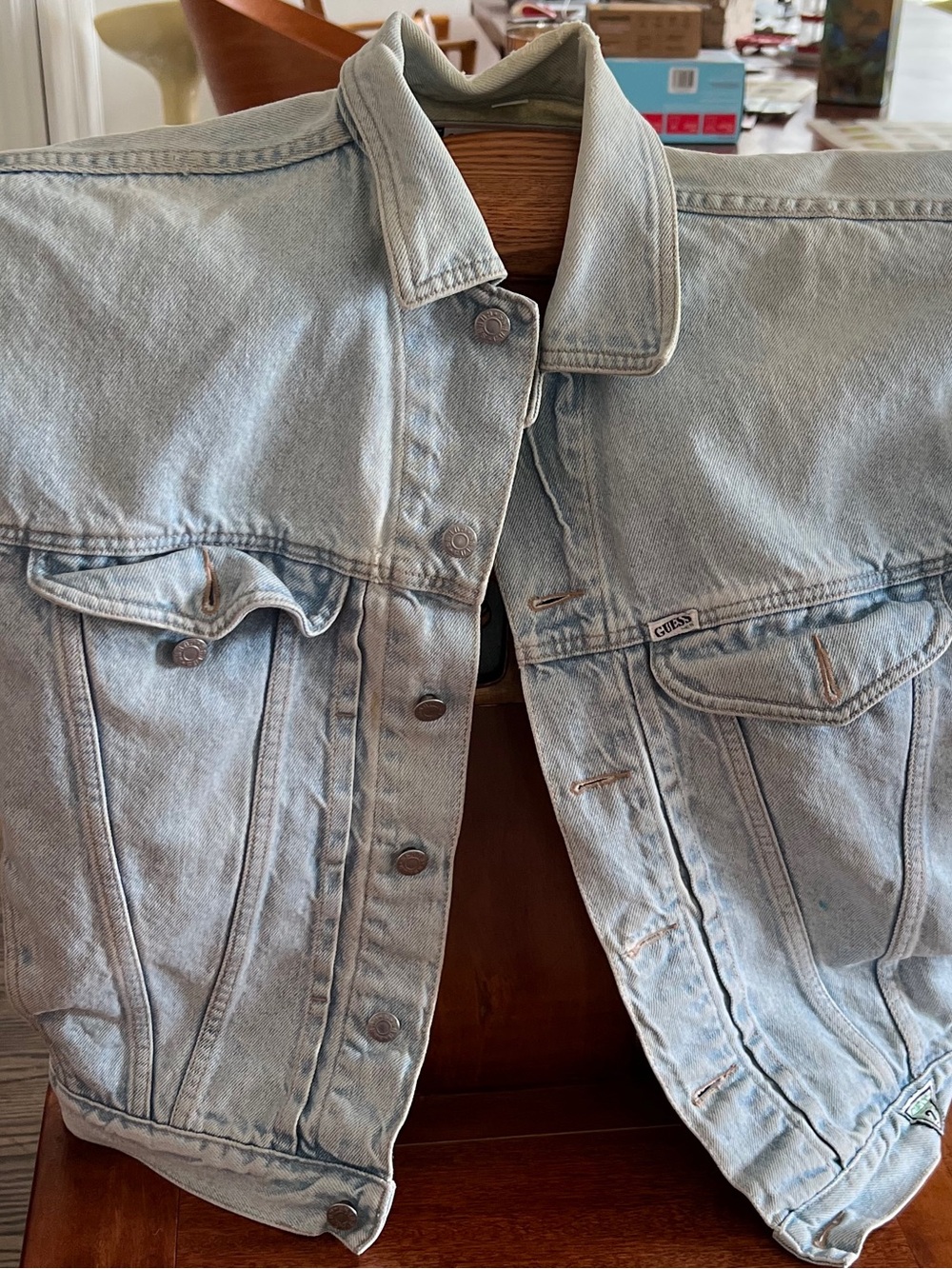 Guess Denim Jacket with Navy and Blush Label - GUESS